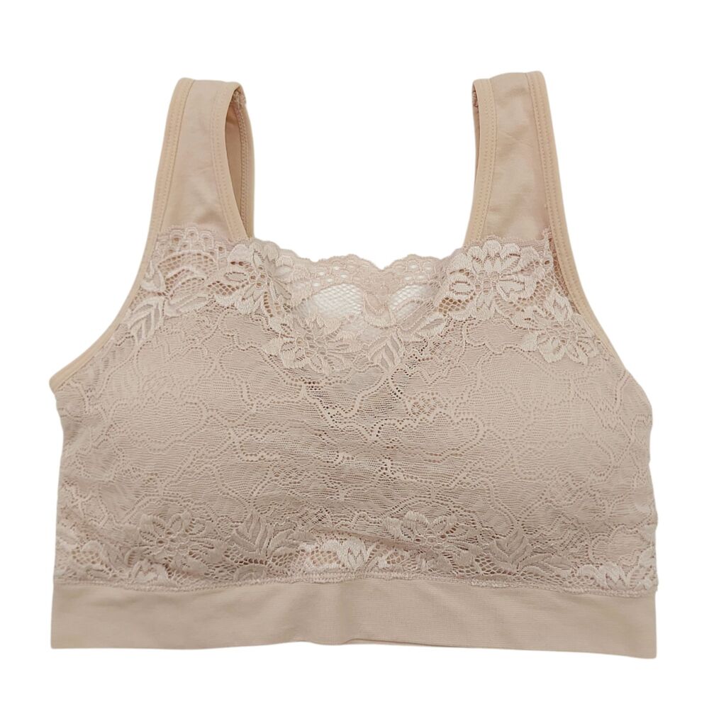 Rhonda Shear Bra Womens Large Nude Lace Overlay Wireless Padded Comfort Soft